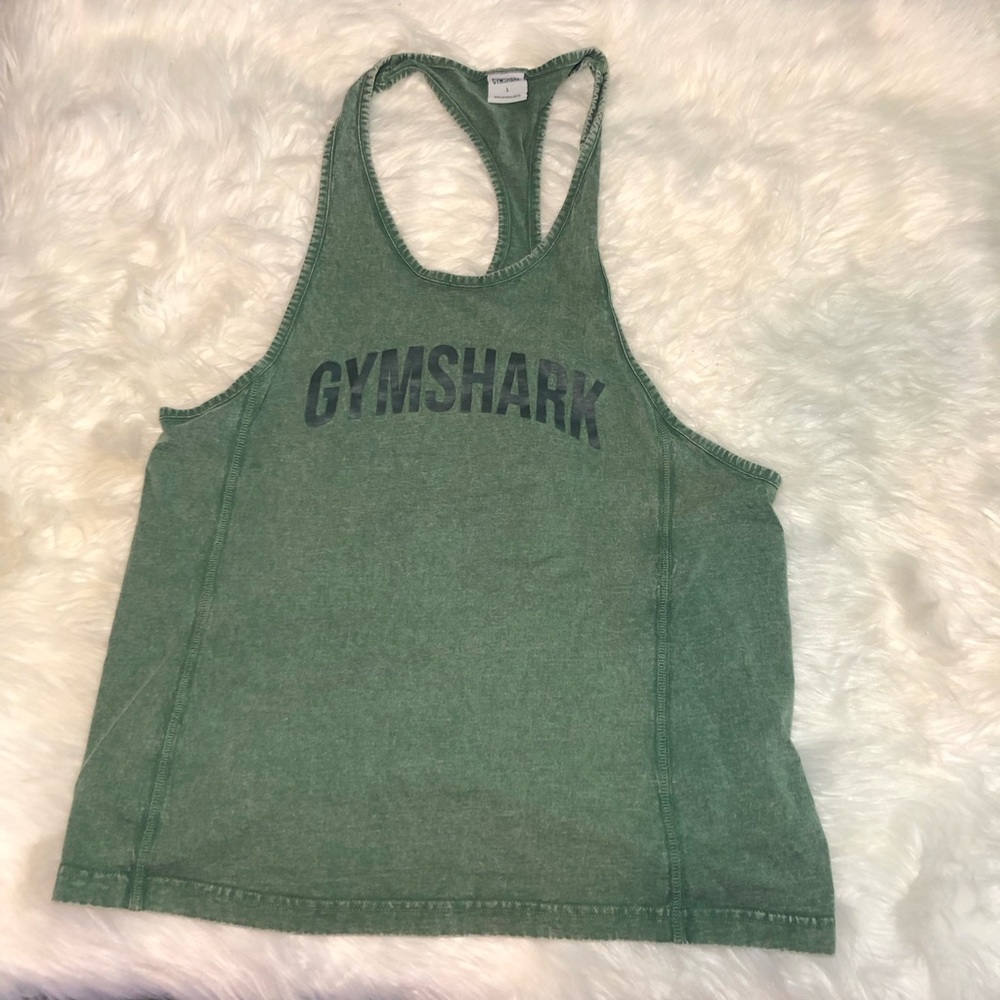 Gymshark Men’s LARGE POWER STRINGER Olive Green tank Top Athleisure athletic EUC